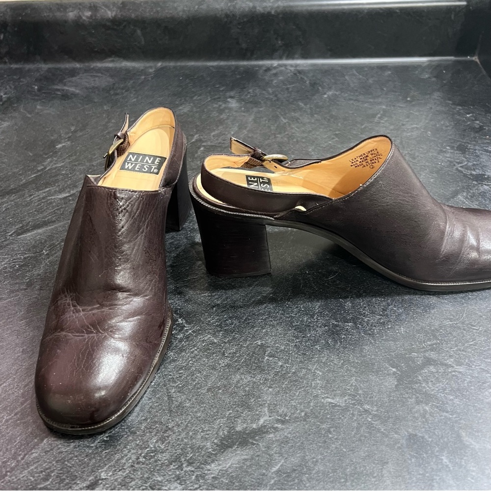 Nine West sling back block Heel Brown Leather Slingback Mules Wm 9